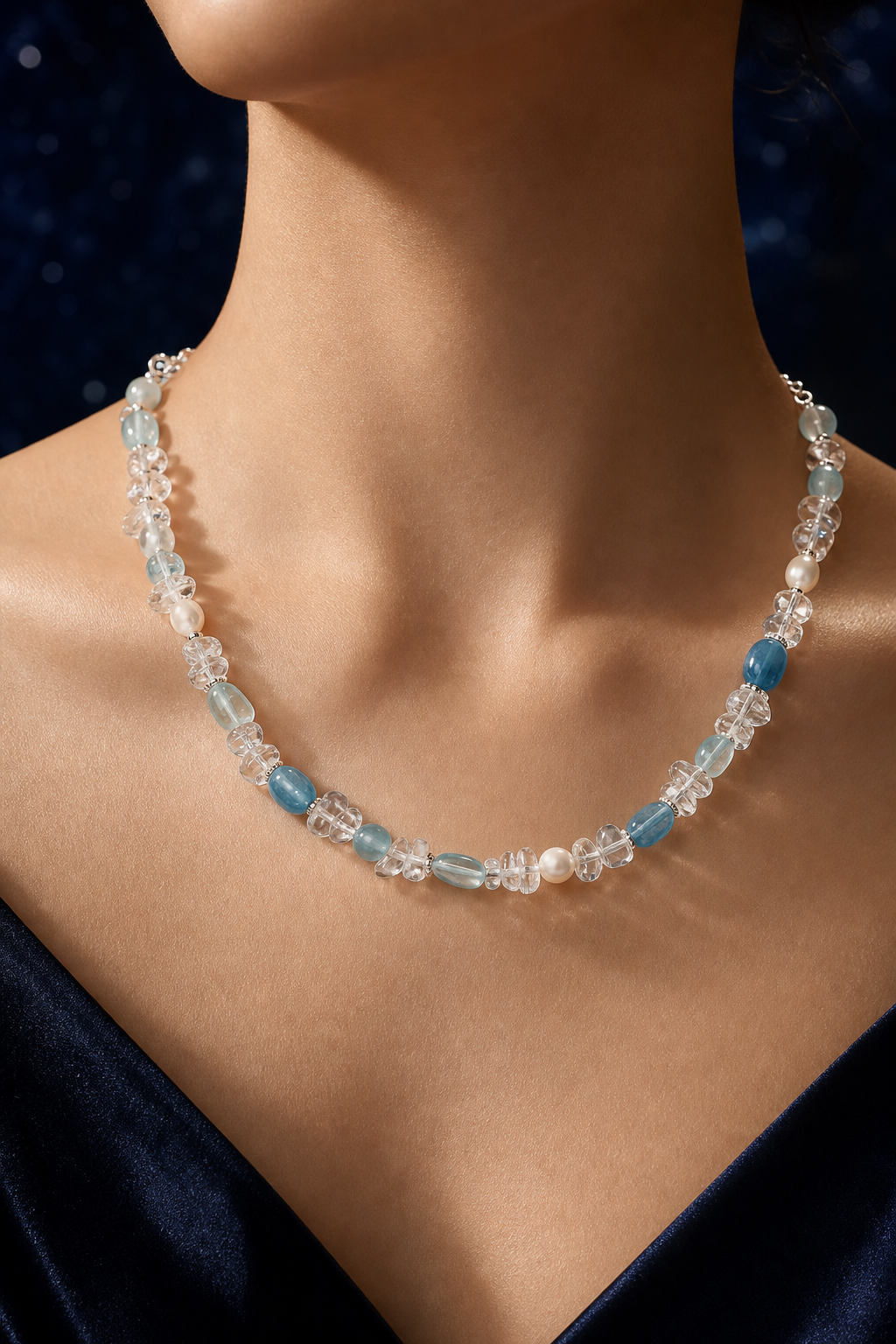 Ice Thread Blue Quartz Necklace faceless model close-up