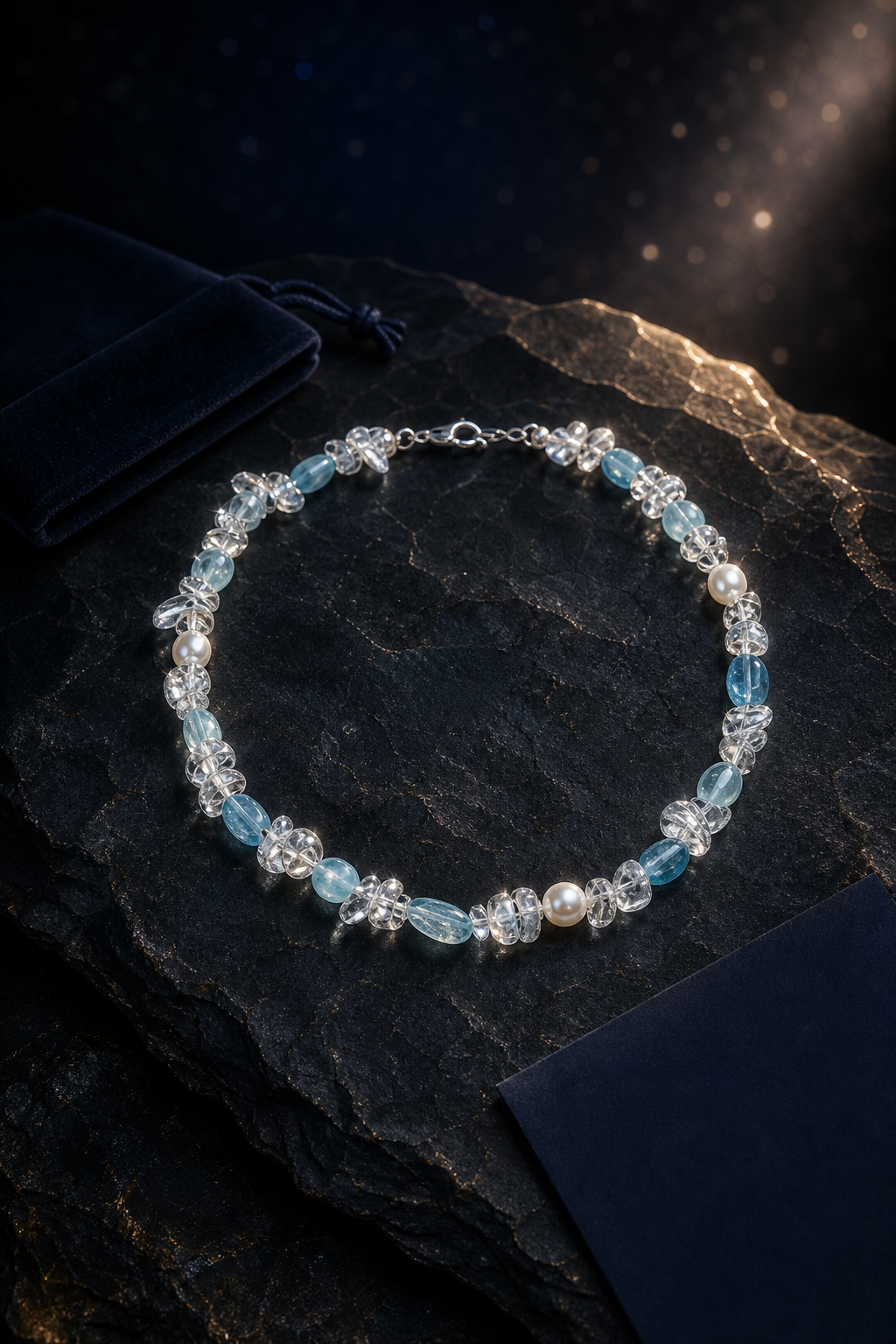 Ice Thread Blue Quartz Necklace packaging flat lay