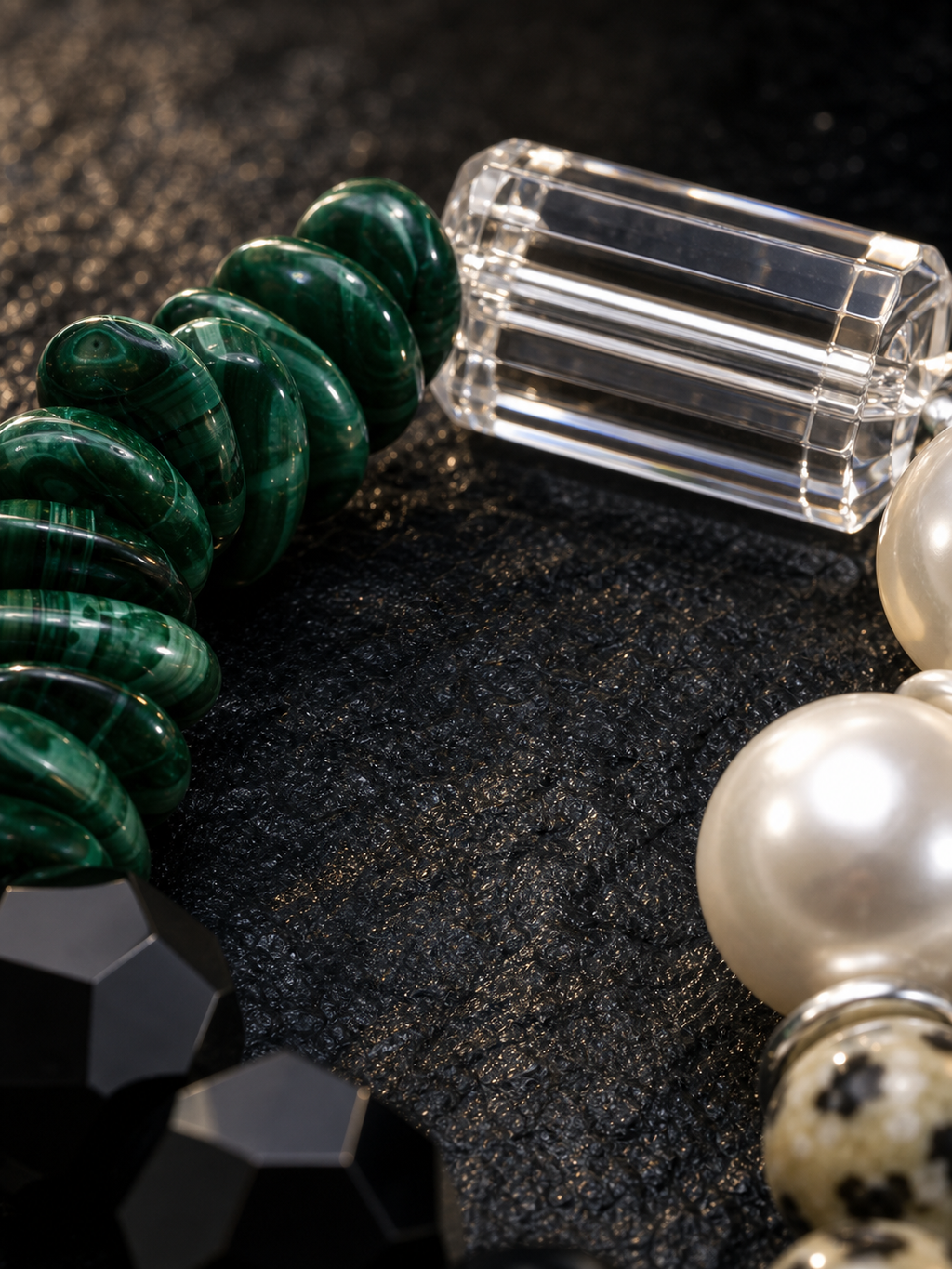 Ink Ridge Malachite Pearl Bracelet crystal texture close-up