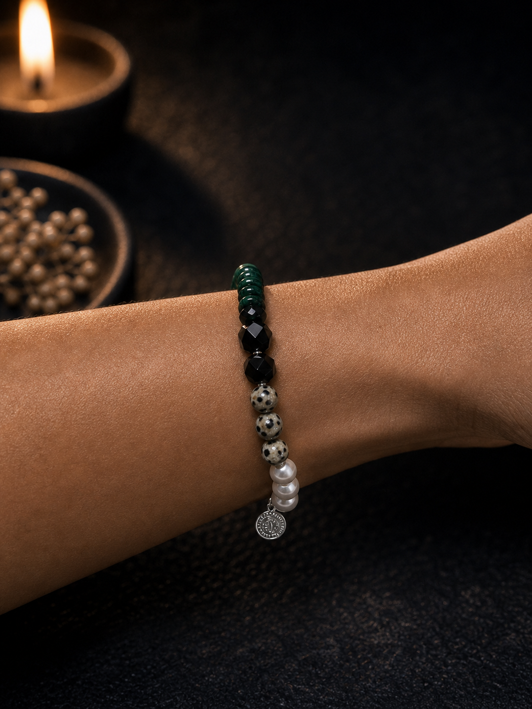 Ink Ridge Malachite Pearl Bracelet faceless model close-up
