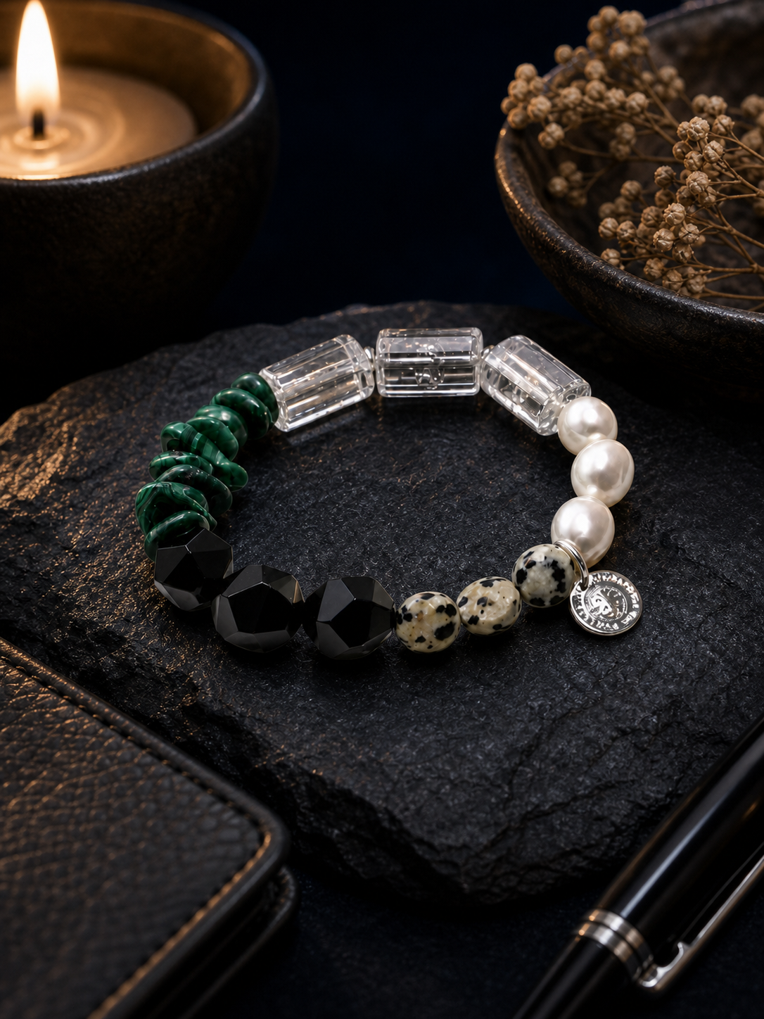 Ink Ridge Malachite Pearl Bracelet styled for daily wear, travel, work desk ritual use