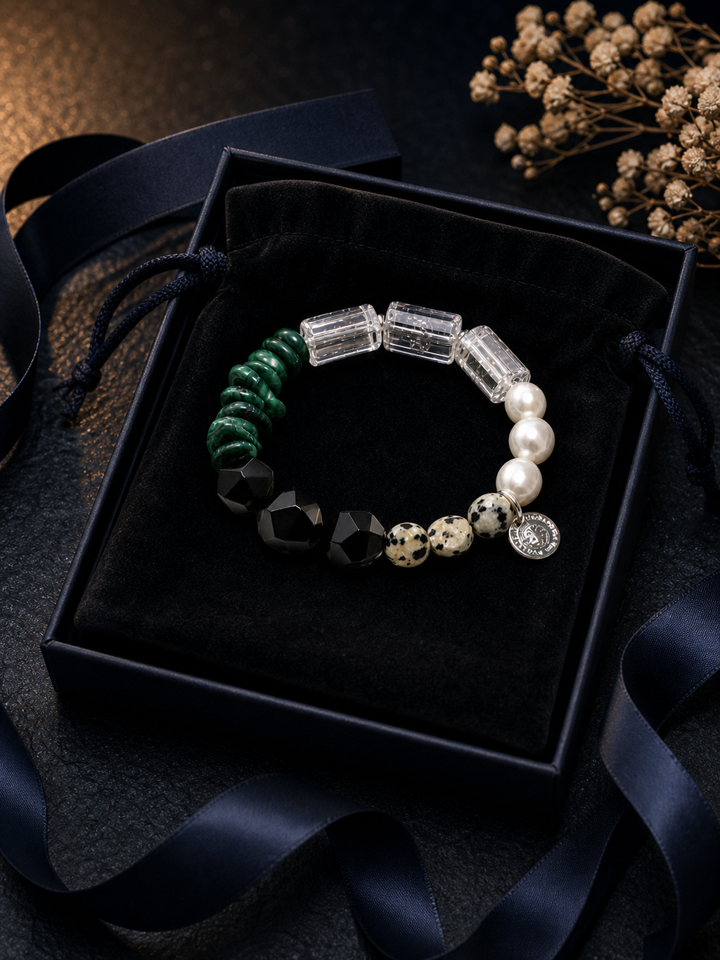 Ink Ridge Malachite Pearl Bracelet packaging flat lay
