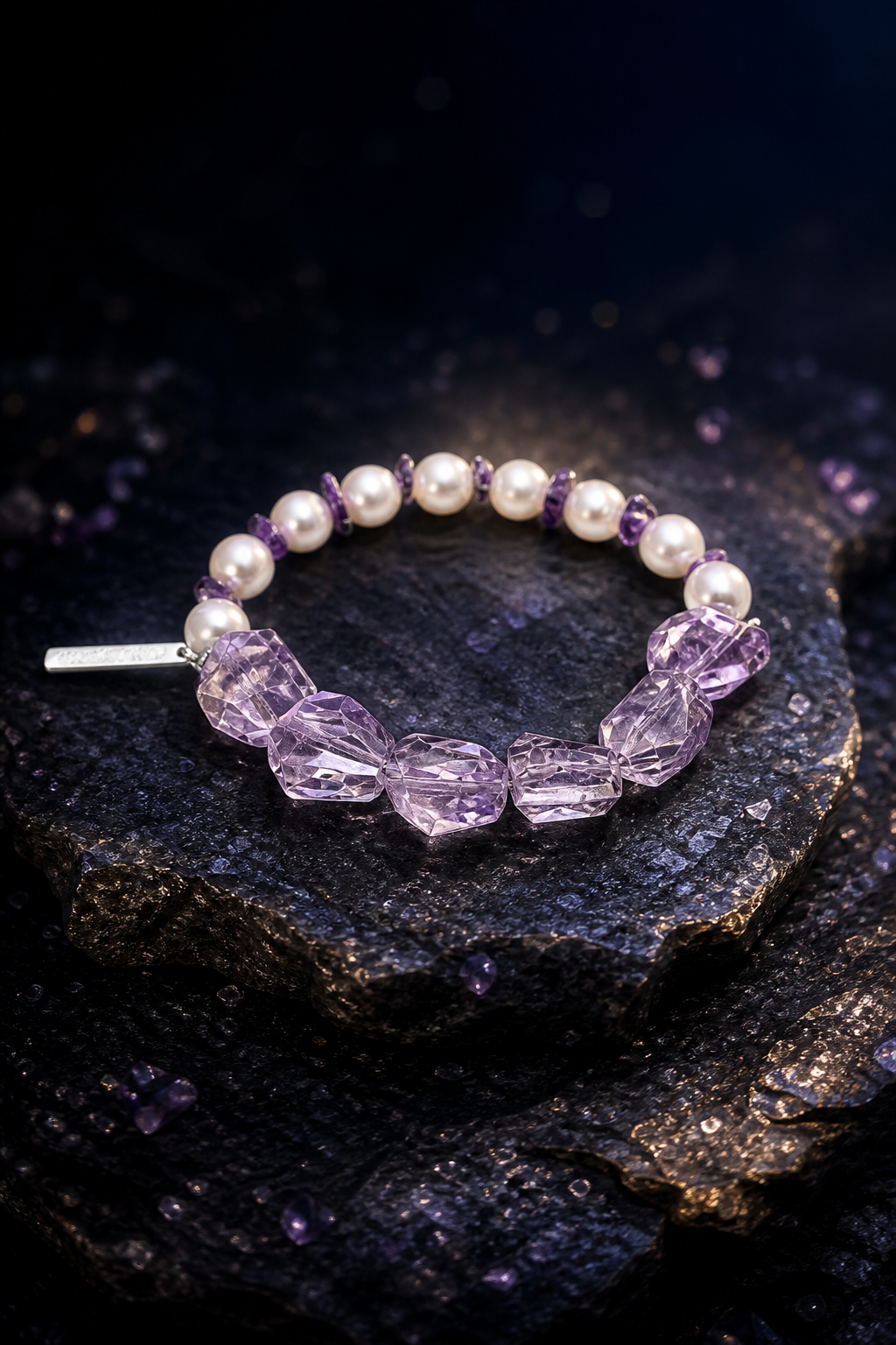 Lilac Drift Amethyst Bracelet front view on a dark atmospheric backdrop