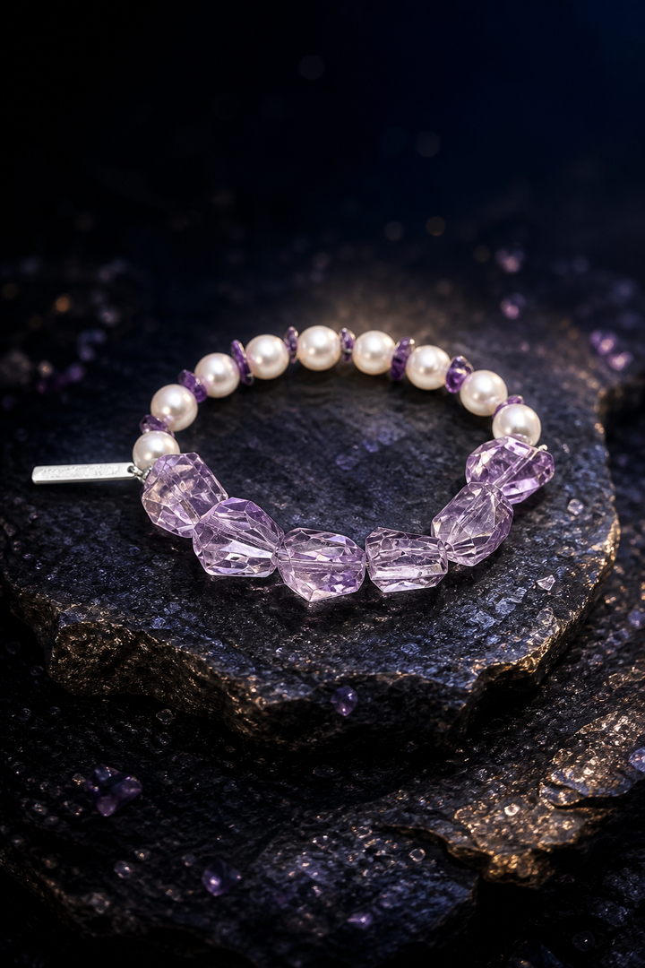 Lilac Drift Amethyst Bracelet front view on a dark atmospheric backdrop