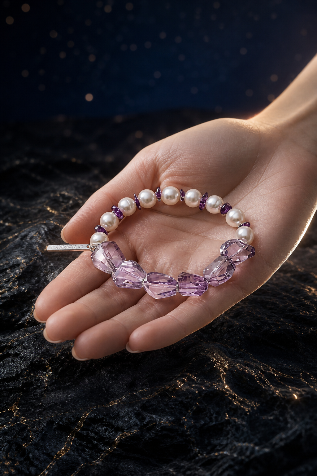 Lilac Drift Amethyst Bracelet shown in hand for scale