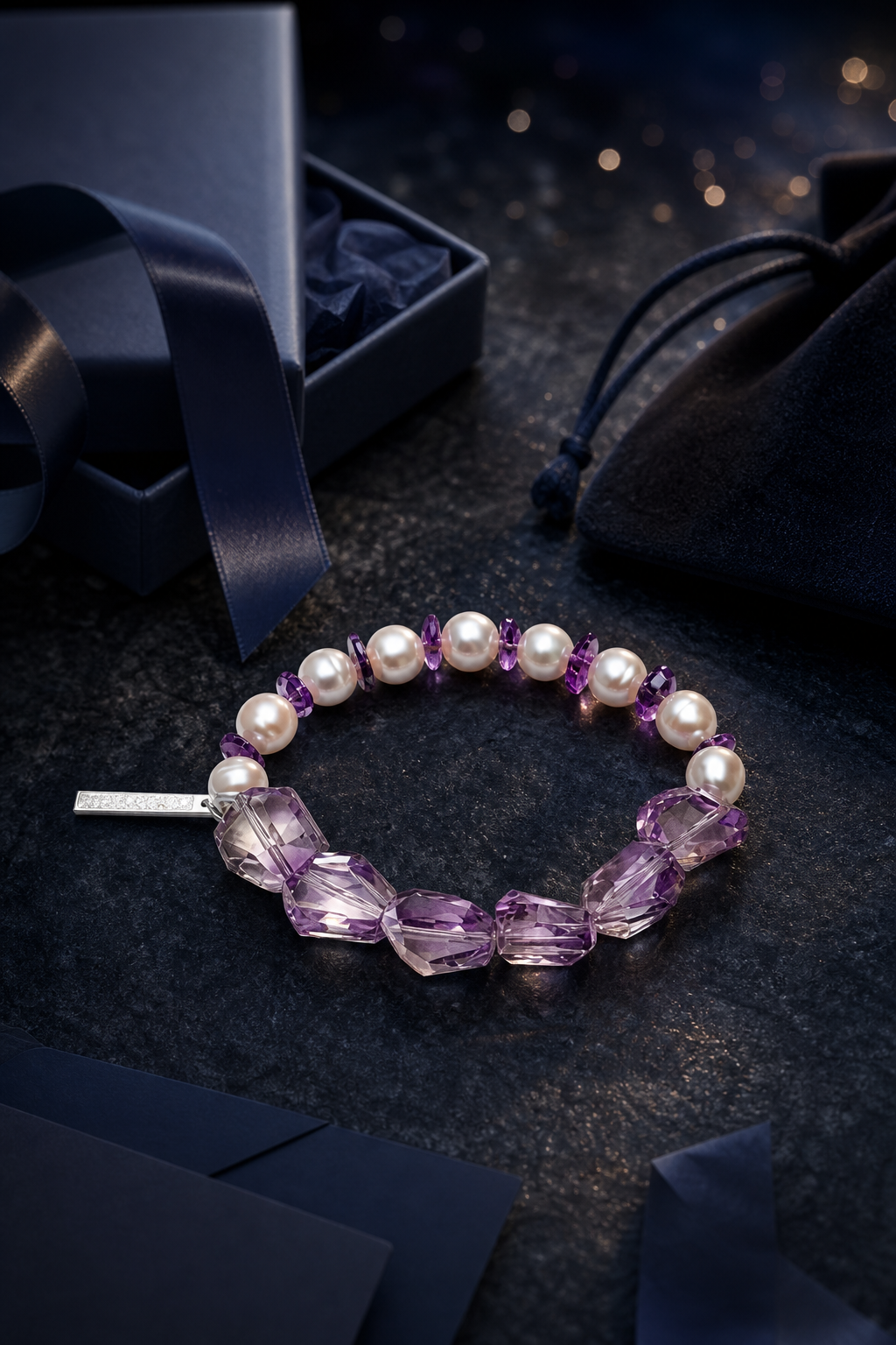 Lilac Drift Amethyst Bracelet packaging flat lay