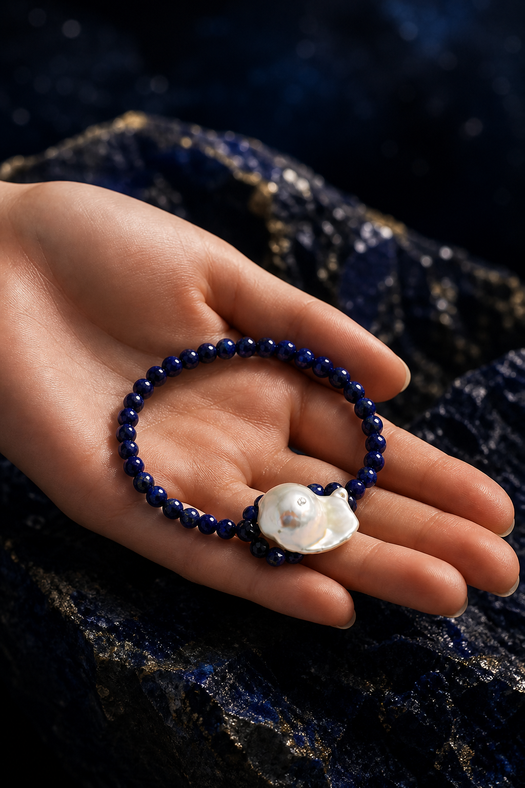 Midnight Lapis Pearl Bracelet shown in hand for scale