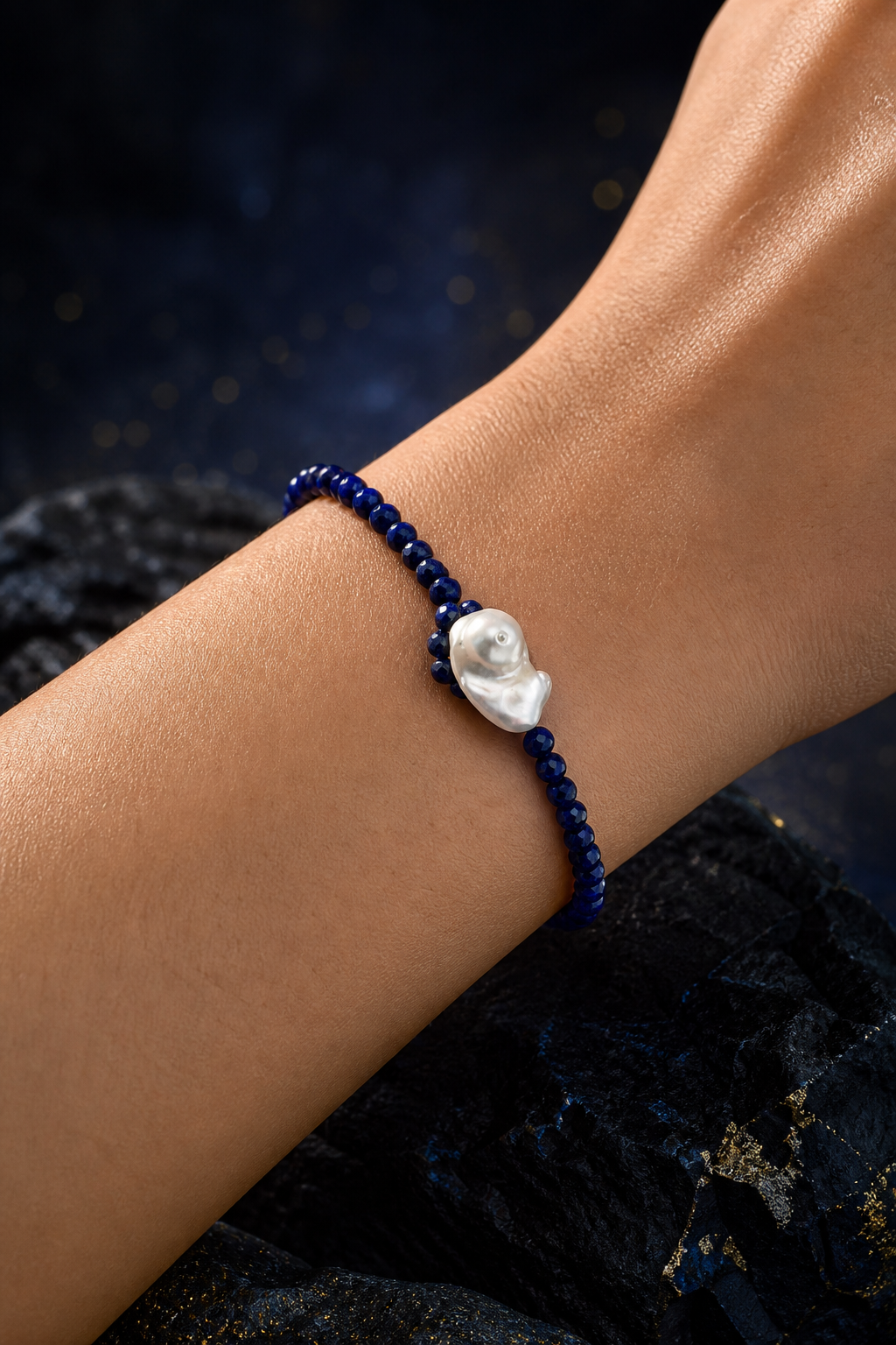 Midnight Lapis Pearl Bracelet faceless model close-up