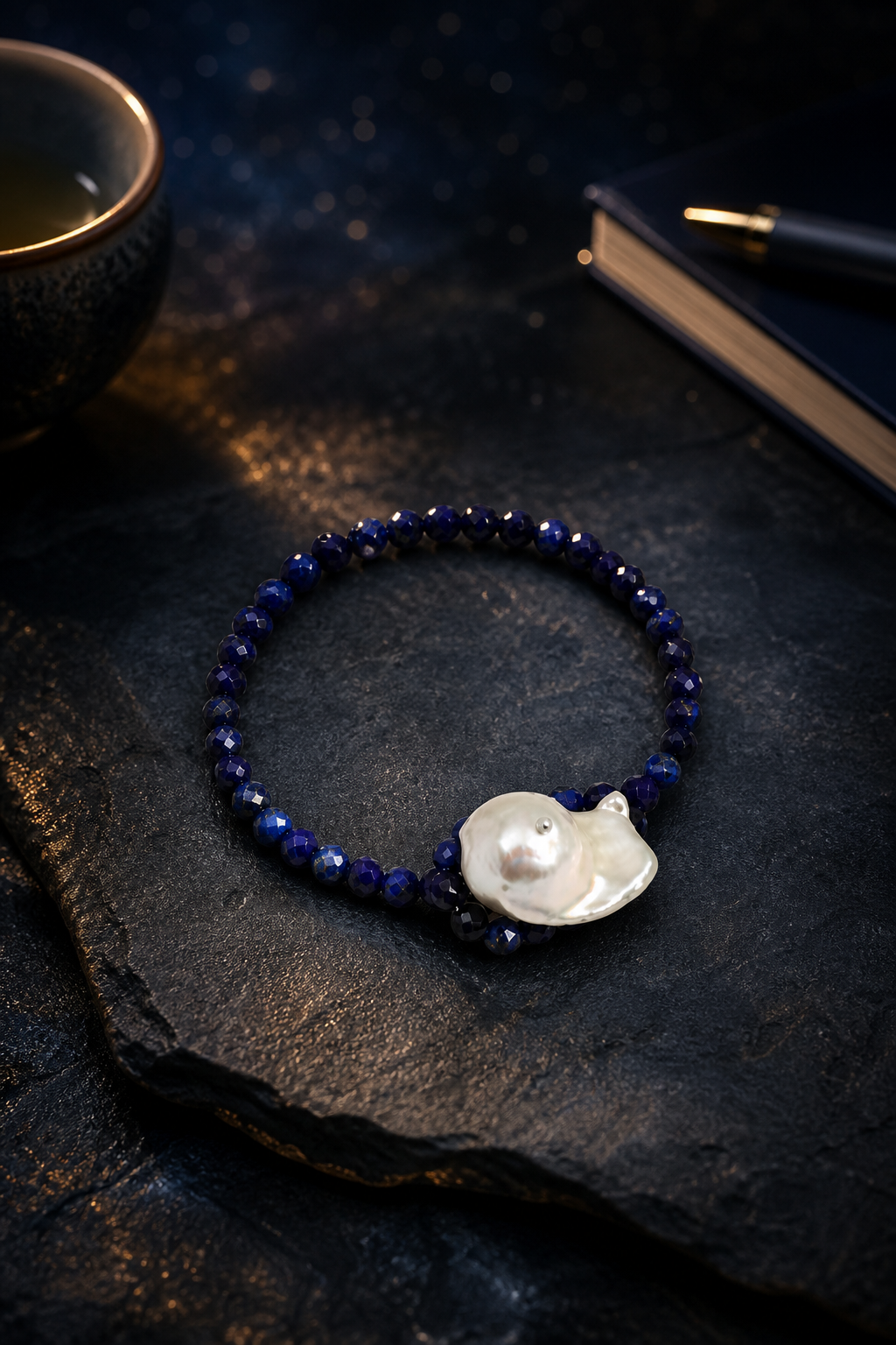 Midnight Lapis Pearl Bracelet styled for daily wear, meditation, work desk ritual use