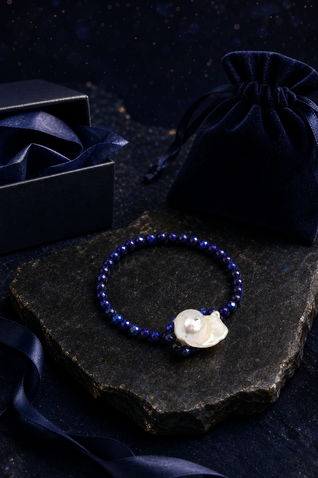 Midnight Lapis Pearl Bracelet packaging flat lay