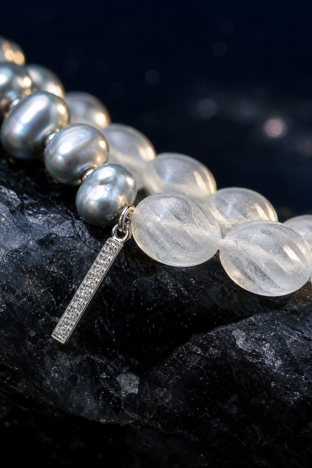 Mistglass Quartz Pearl Bracelet crystal texture close-up