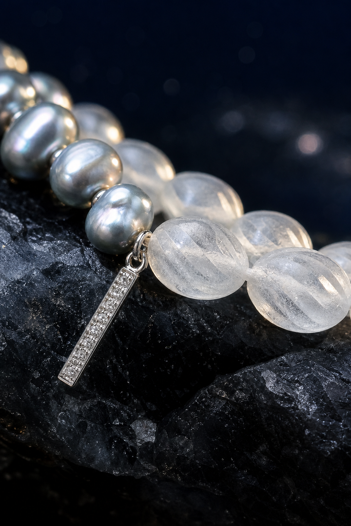 Mistglass Quartz Pearl Bracelet crystal texture close-up