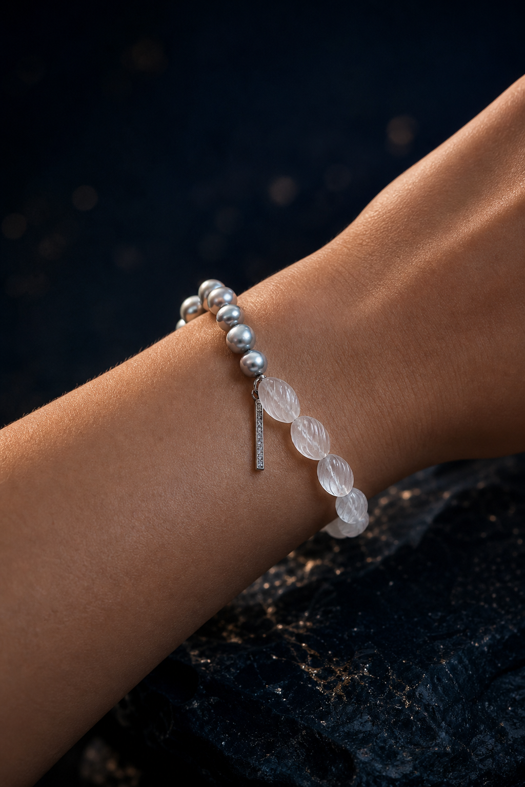 Mistglass Quartz Pearl Bracelet faceless model close-up