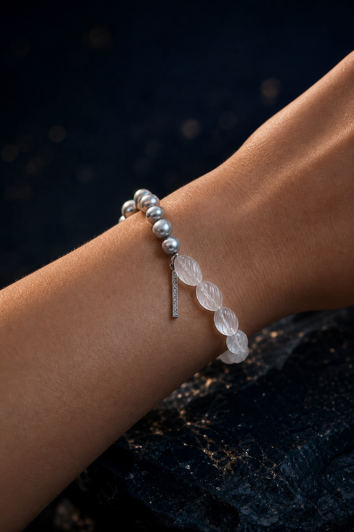 Mistglass Quartz Pearl Bracelet faceless model close-up