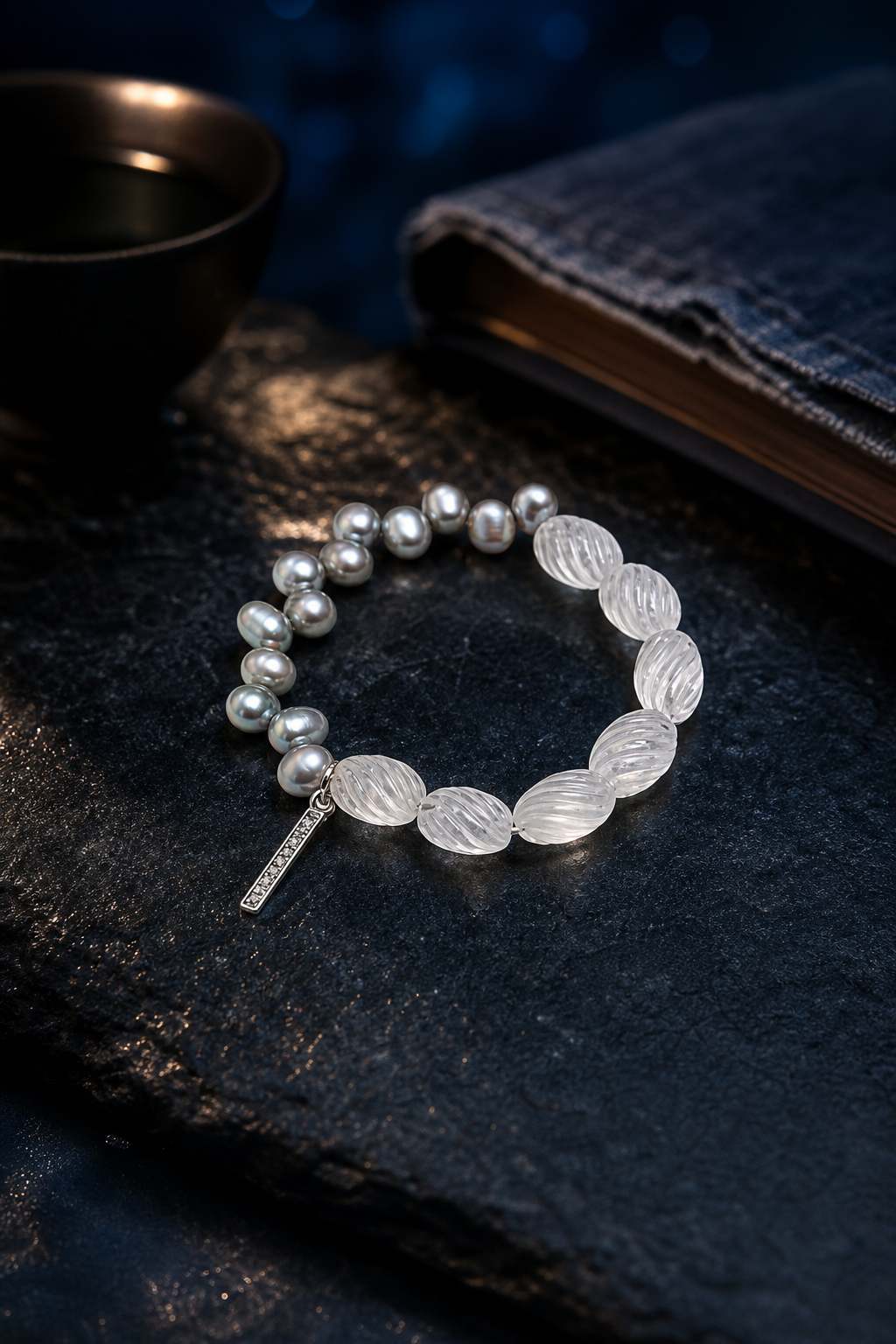 Mistglass Quartz Pearl Bracelet styled for daily wear, meditation, work desk ritual use