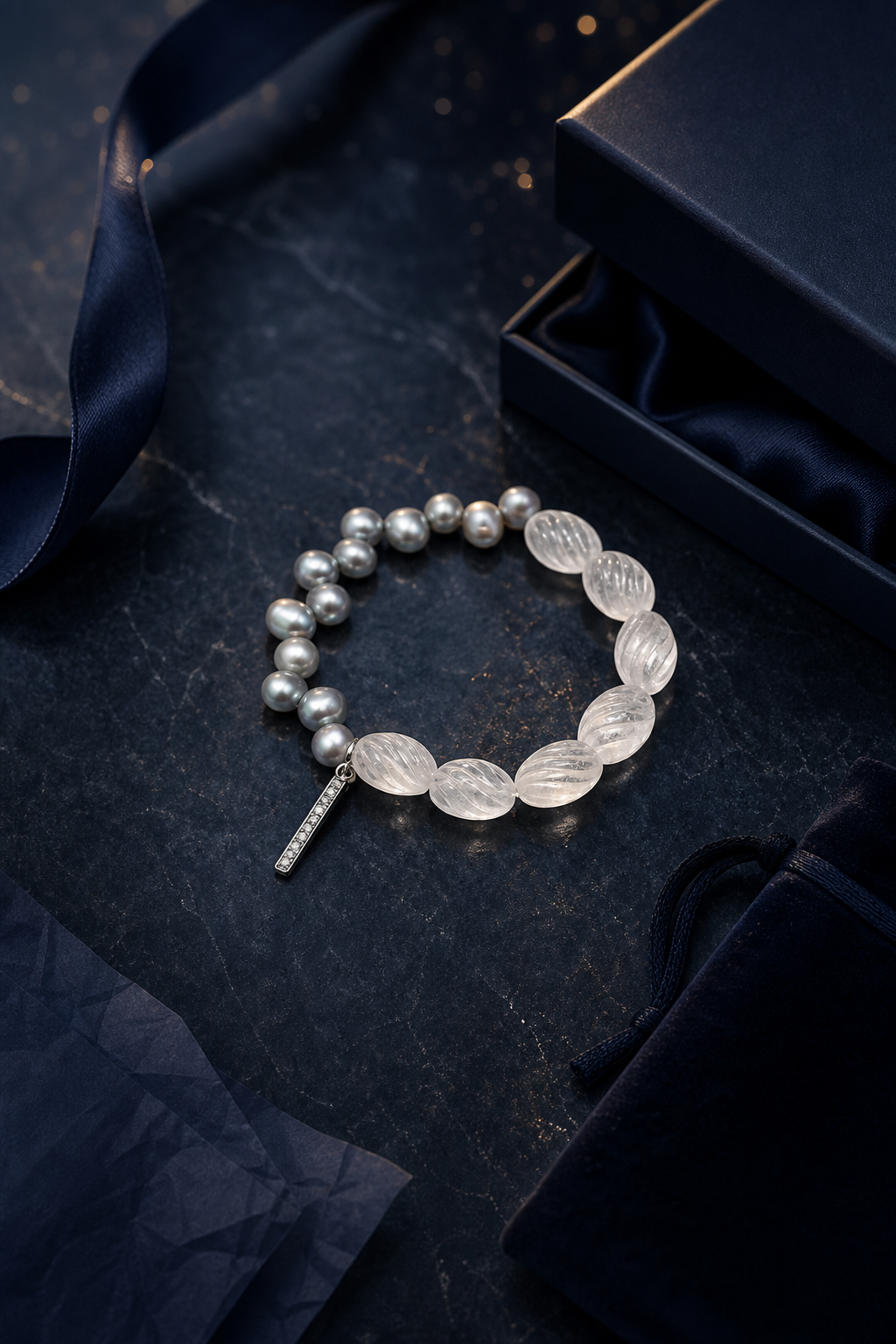 Mistglass Quartz Pearl Bracelet packaging flat lay