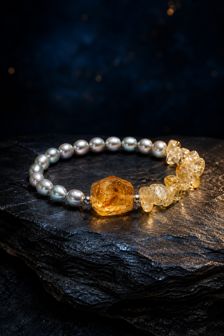 Mistwarm Citrine Pearl Bracelet front view on a dark atmospheric backdrop