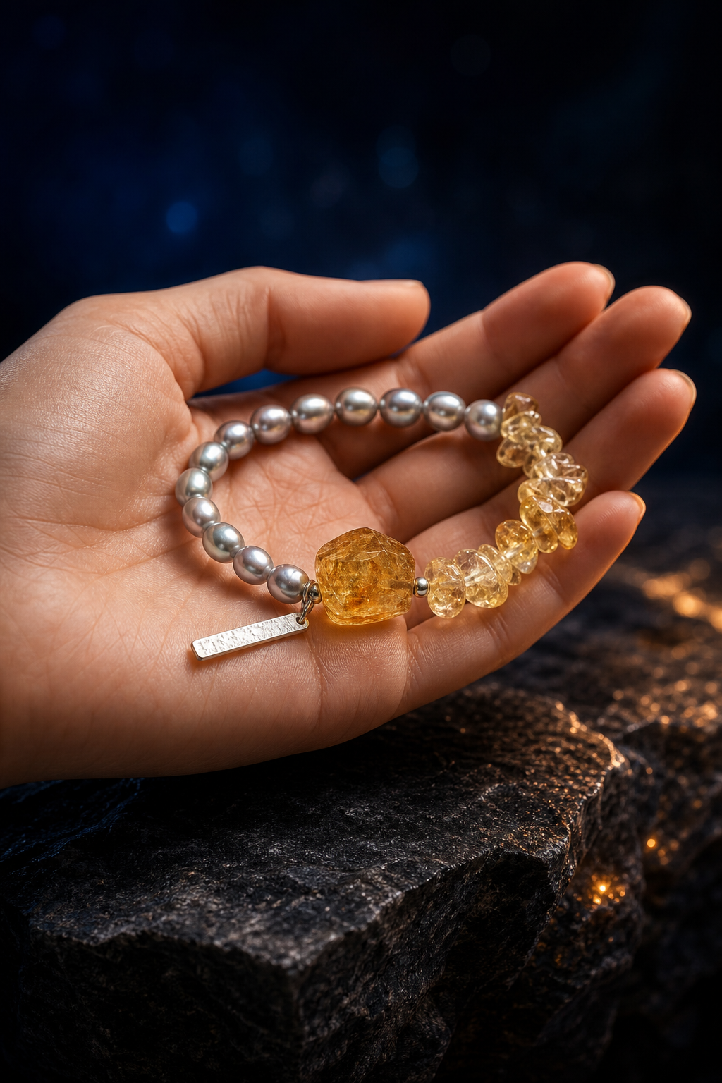 Mistwarm Citrine Pearl Bracelet shown in hand for scale