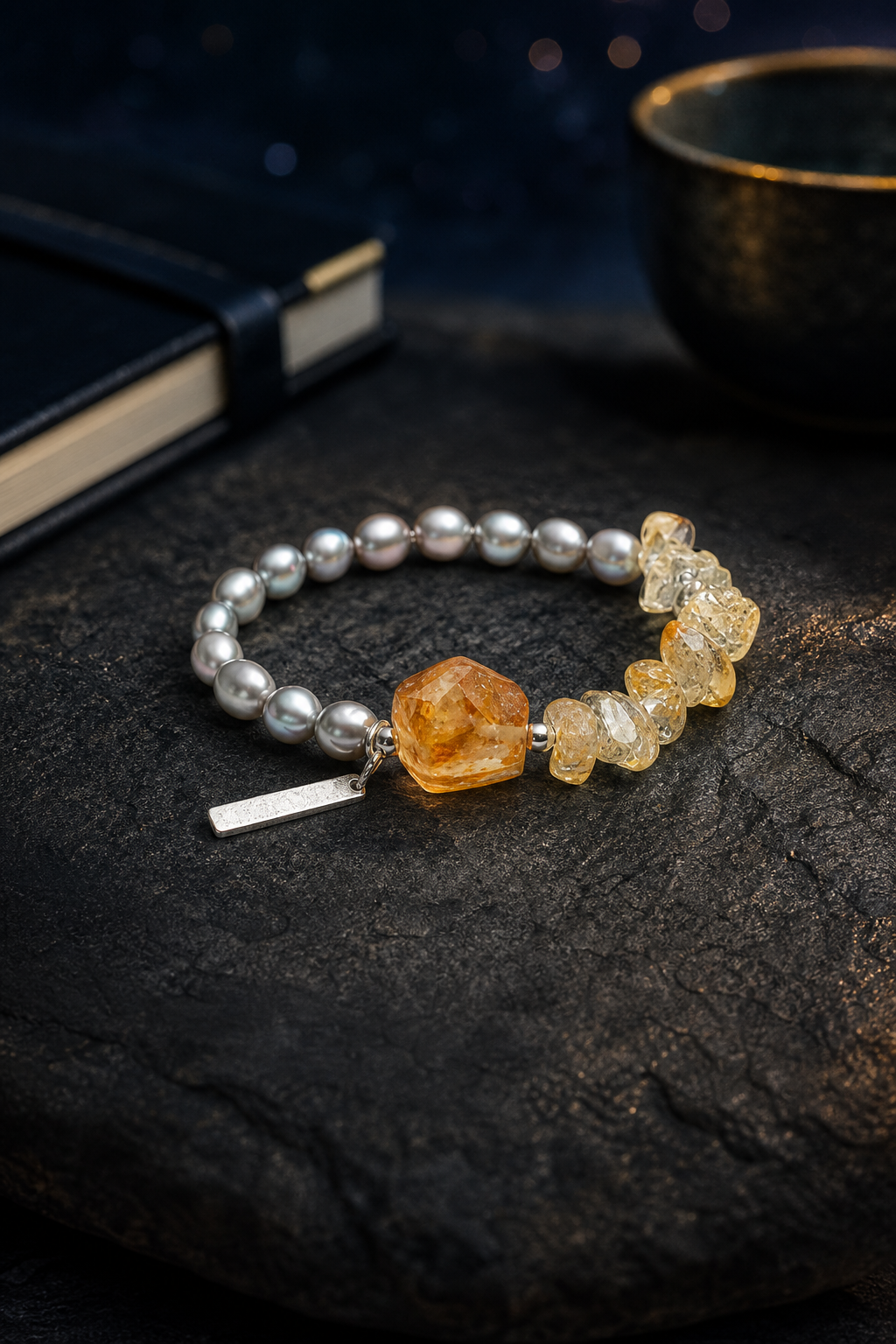 Mistwarm Citrine Pearl Bracelet styled for daily wear, manifestation, work desk ritual use
