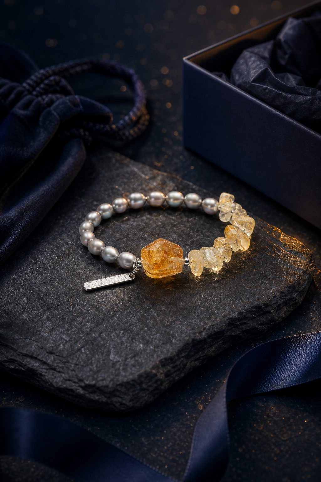 Mistwarm Citrine Pearl Bracelet packaging flat lay