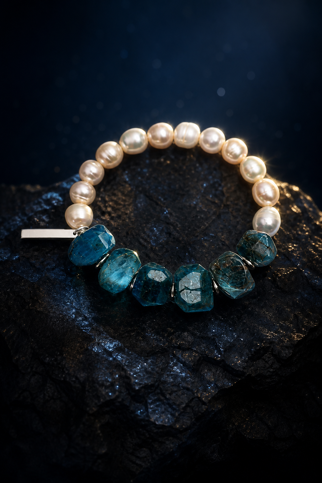 Mooncurrent Blue Apatite Pearl Bracelet front view on a dark atmospheric backdrop