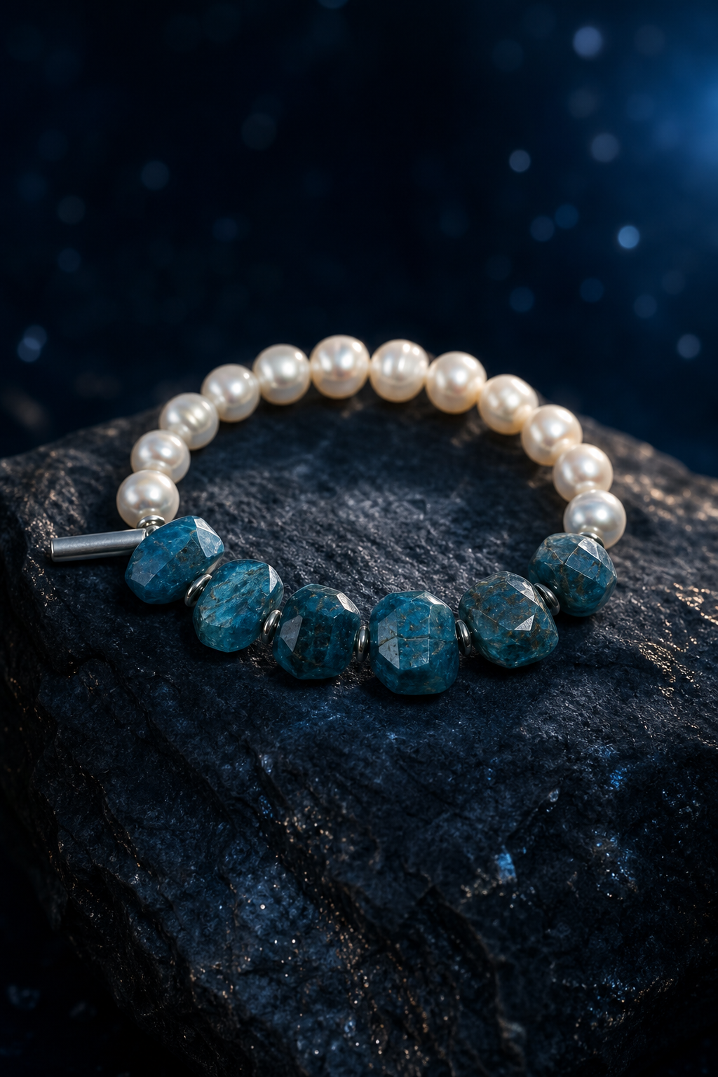 Mooncurrent Blue Apatite Pearl Bracelet angled three-quarter product view