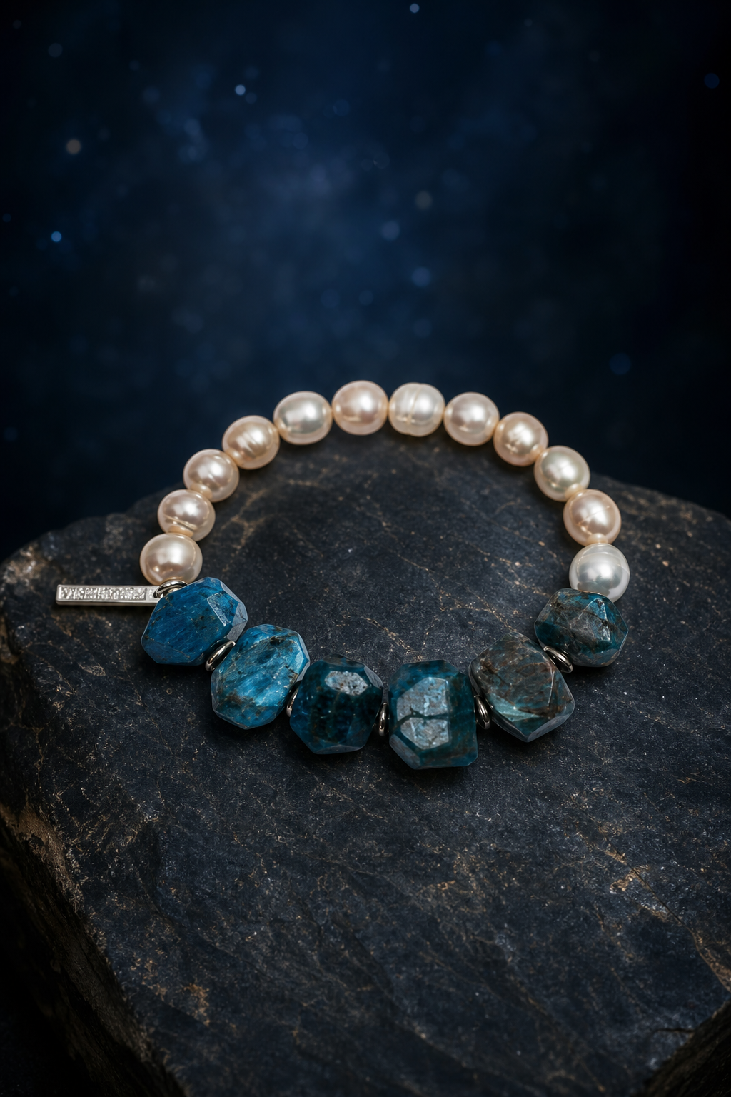 Mooncurrent Blue Apatite Pearl Bracelet side or closure detail