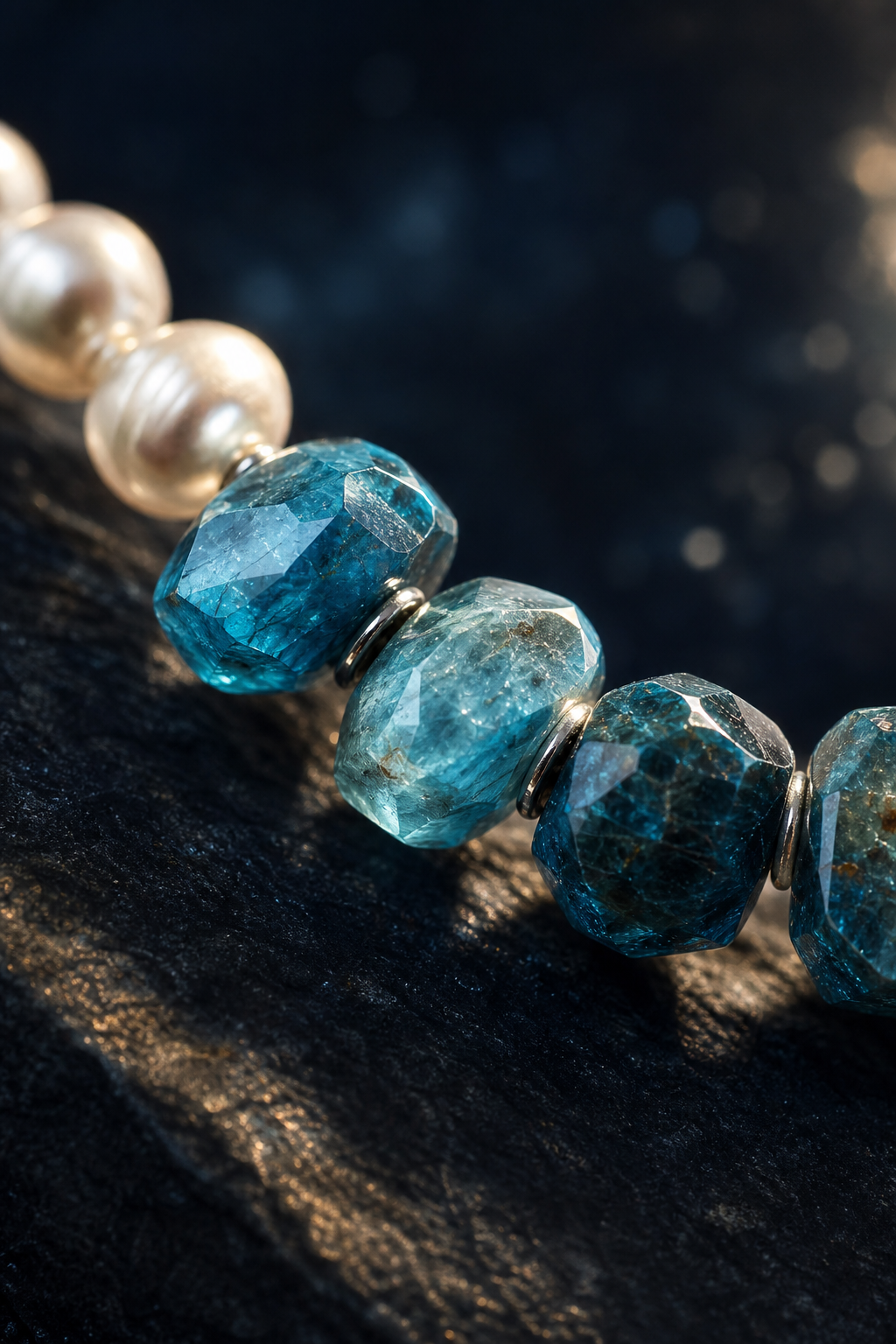 Mooncurrent Blue Apatite Pearl Bracelet crystal texture close-up