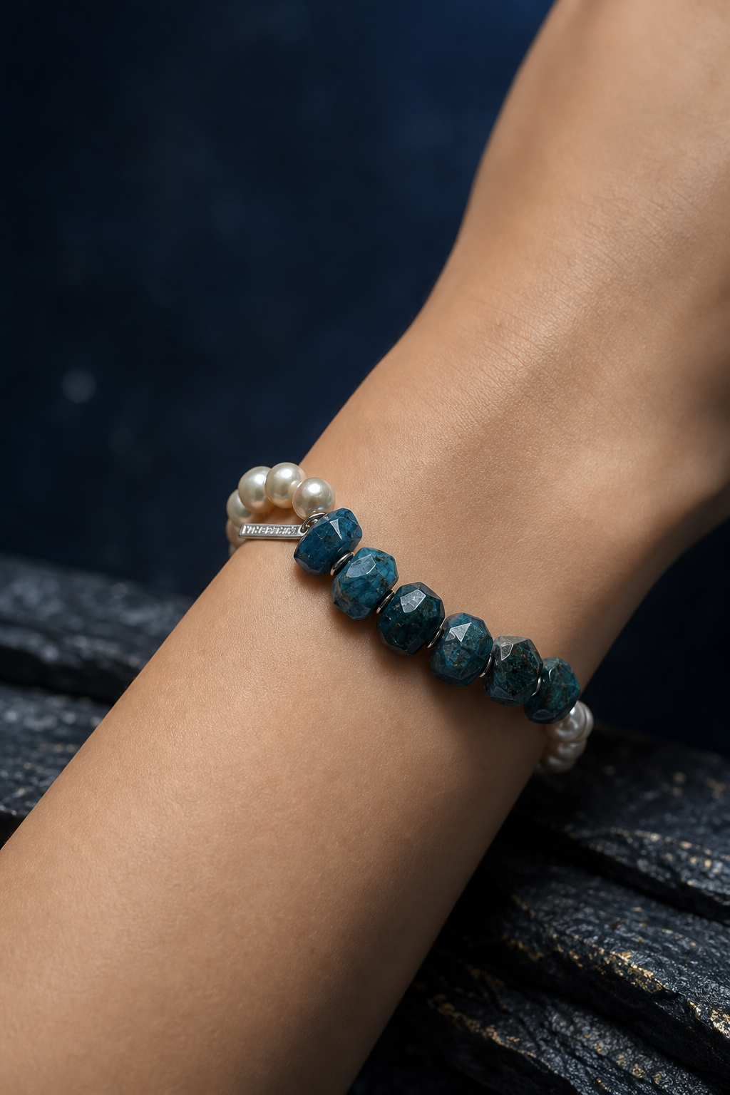 Mooncurrent Blue Apatite Pearl Bracelet faceless model close-up