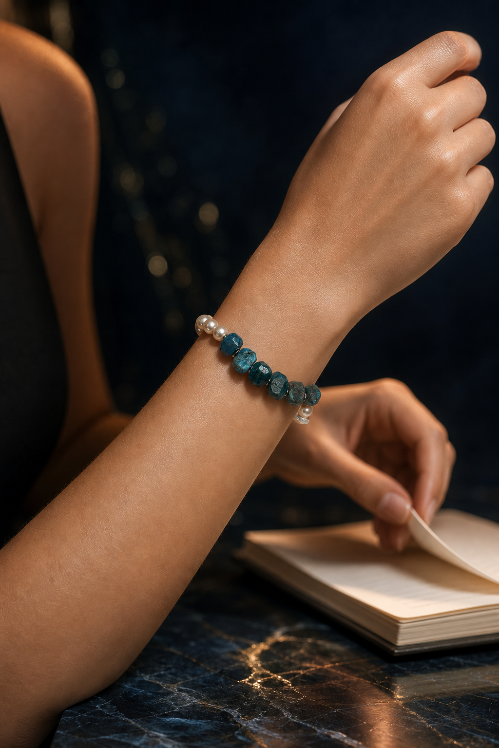 Mooncurrent Blue Apatite Pearl Bracelet lifestyle ritual context