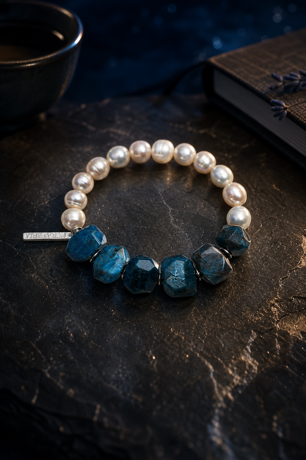 Mooncurrent Blue Apatite Pearl Bracelet styled for daily wear, meditation, work desk ritual use