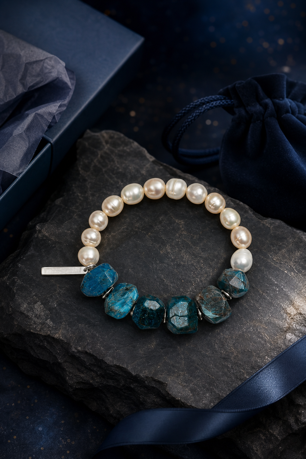 Mooncurrent Blue Apatite Pearl Bracelet packaging flat lay
