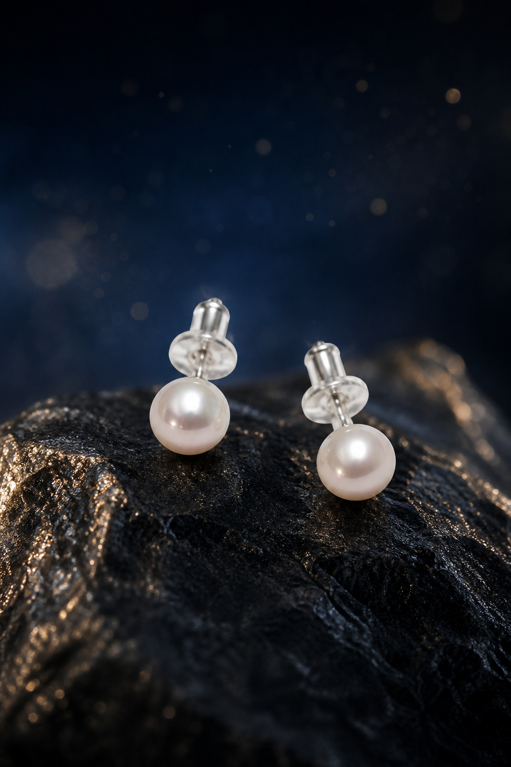 Moondrop Pearl Stud Earrings front view on a dark atmospheric backdrop
