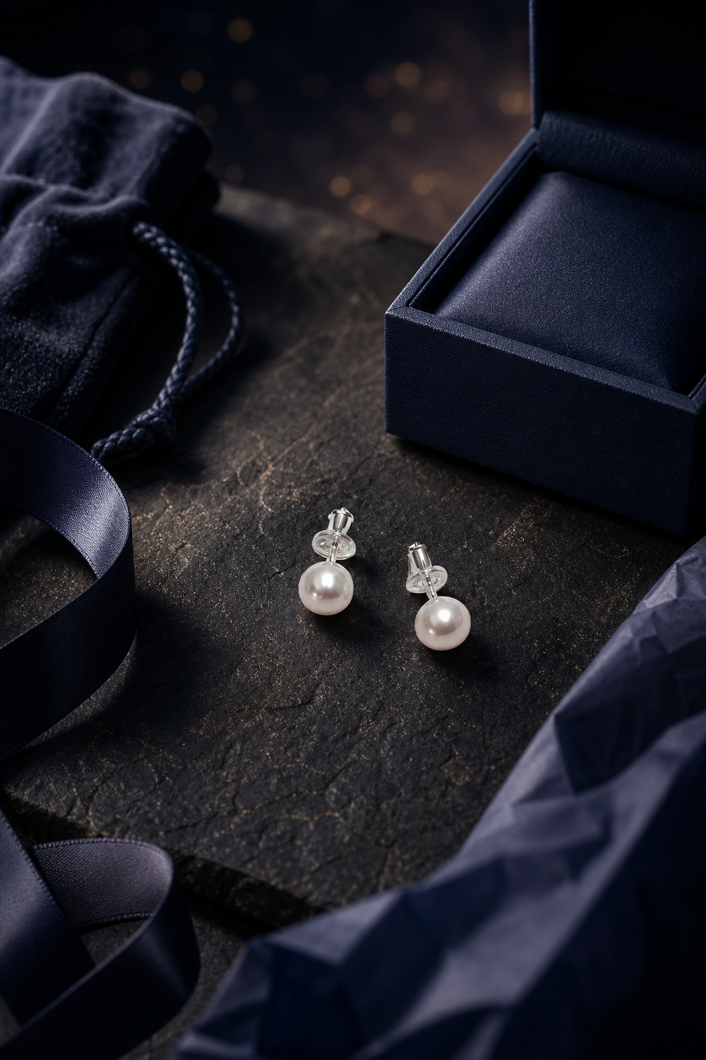 Moondrop Pearl Stud Earrings packaging flat lay