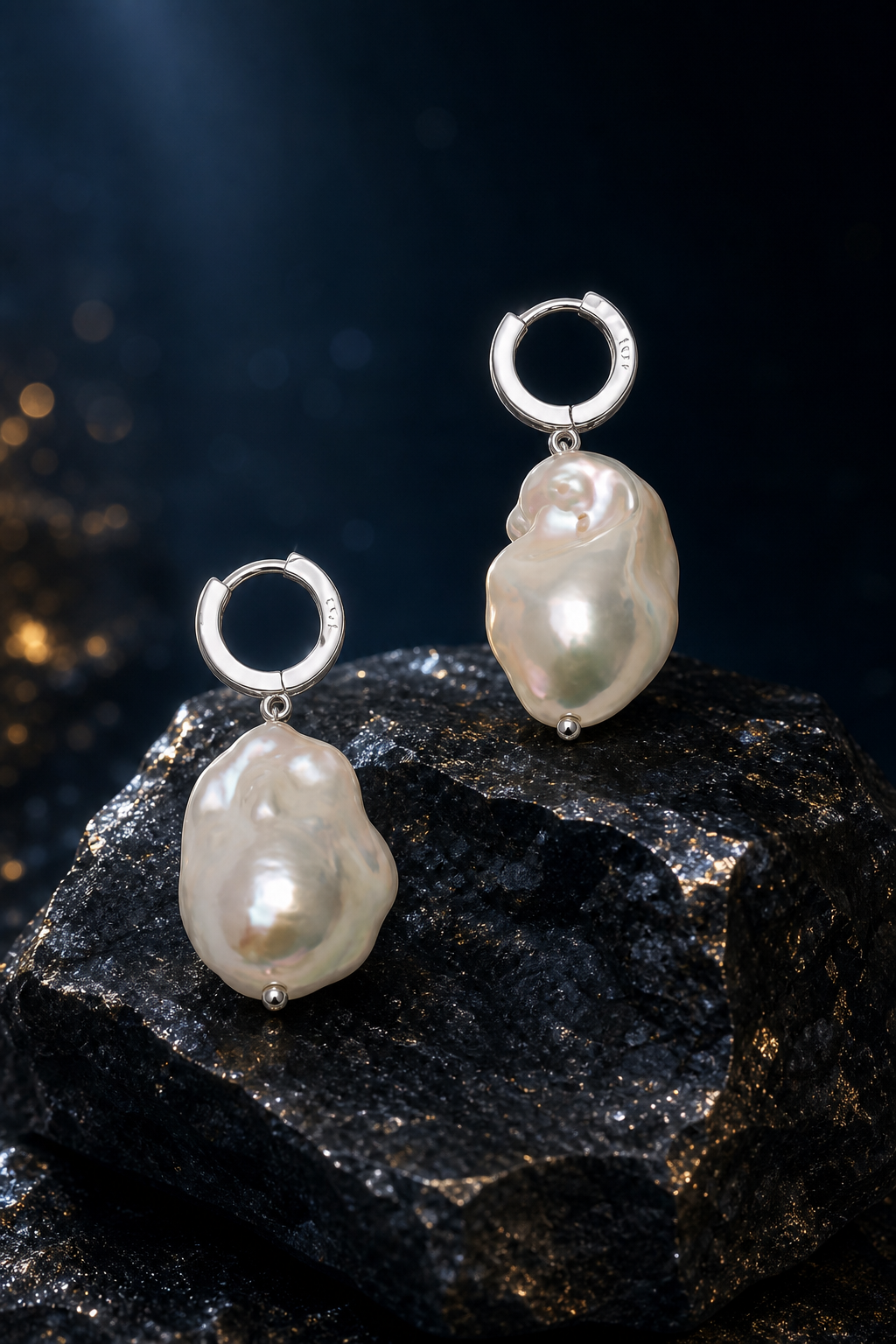 Moonfall Baroque Pearl Earrings front view on a dark atmospheric backdrop