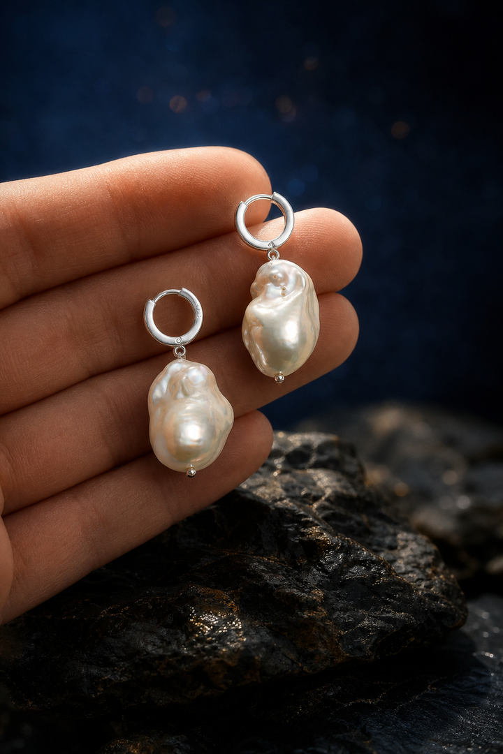 Moonfall Baroque Pearl Earrings shown in hand for scale