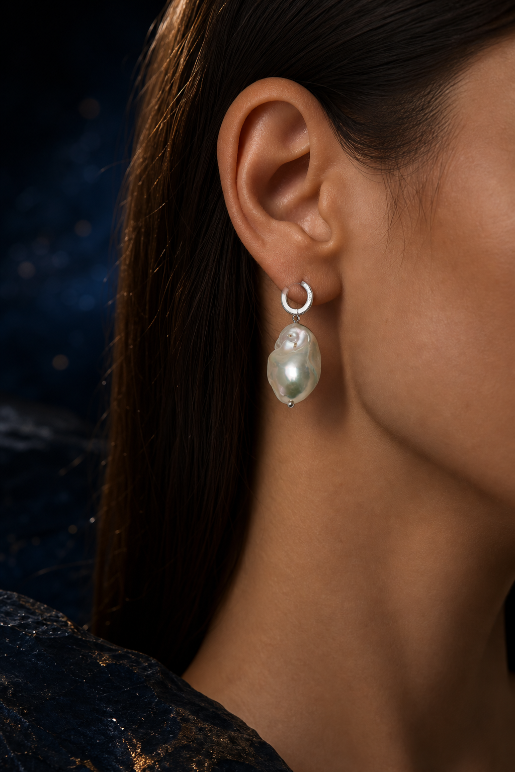 Moonfall Baroque Pearl Earrings faceless model close-up