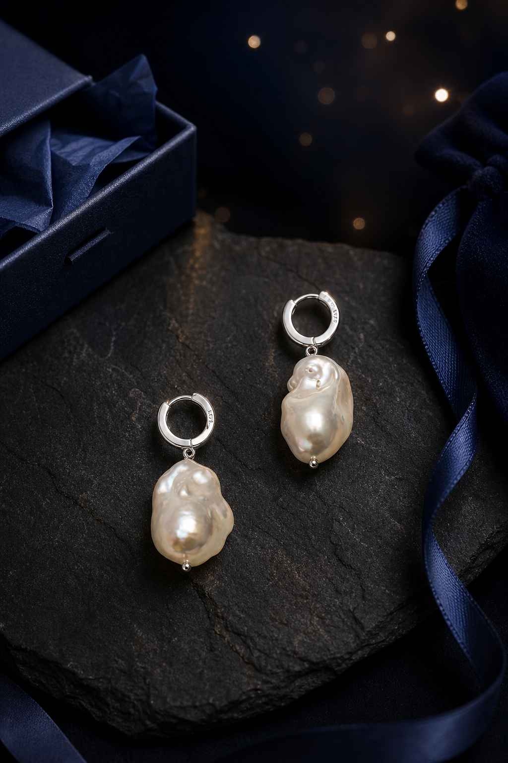 Moonfall Baroque Pearl Earrings packaging flat lay