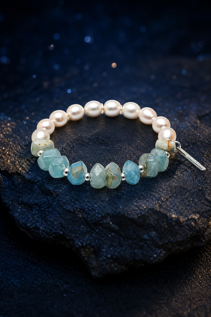 Moonglow Blue Pearl Bracelet front view on a dark atmospheric backdrop