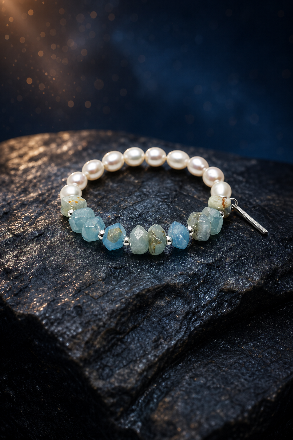 Moonglow Blue Pearl Bracelet angled three-quarter product view