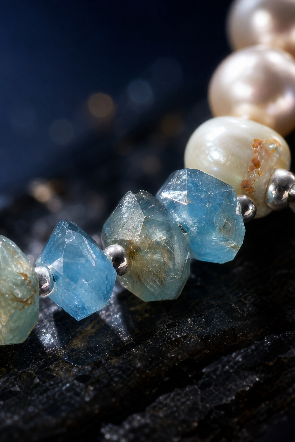 Moonglow Blue Pearl Bracelet crystal texture close-up