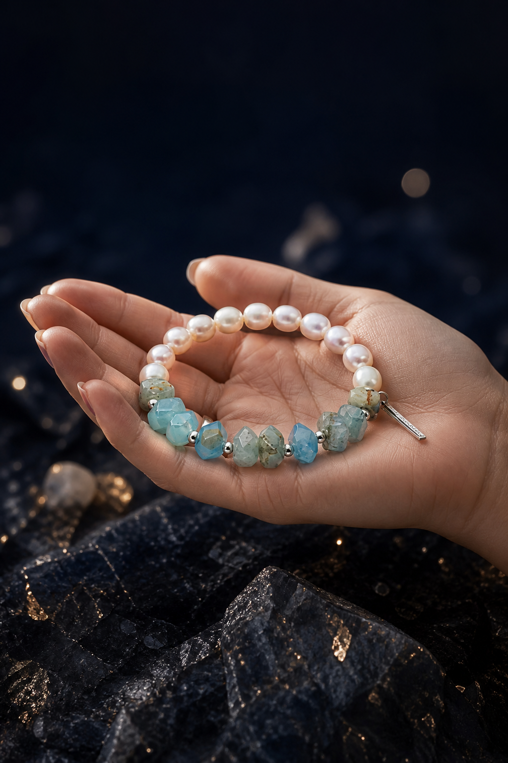Moonglow Blue Pearl Bracelet shown in hand for scale
