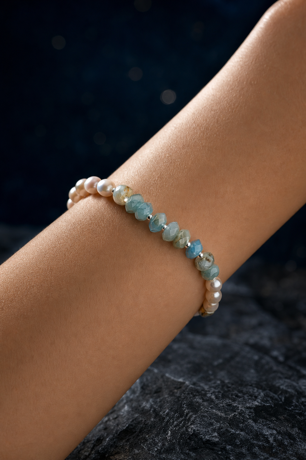 Moonglow Blue Pearl Bracelet faceless model close-up