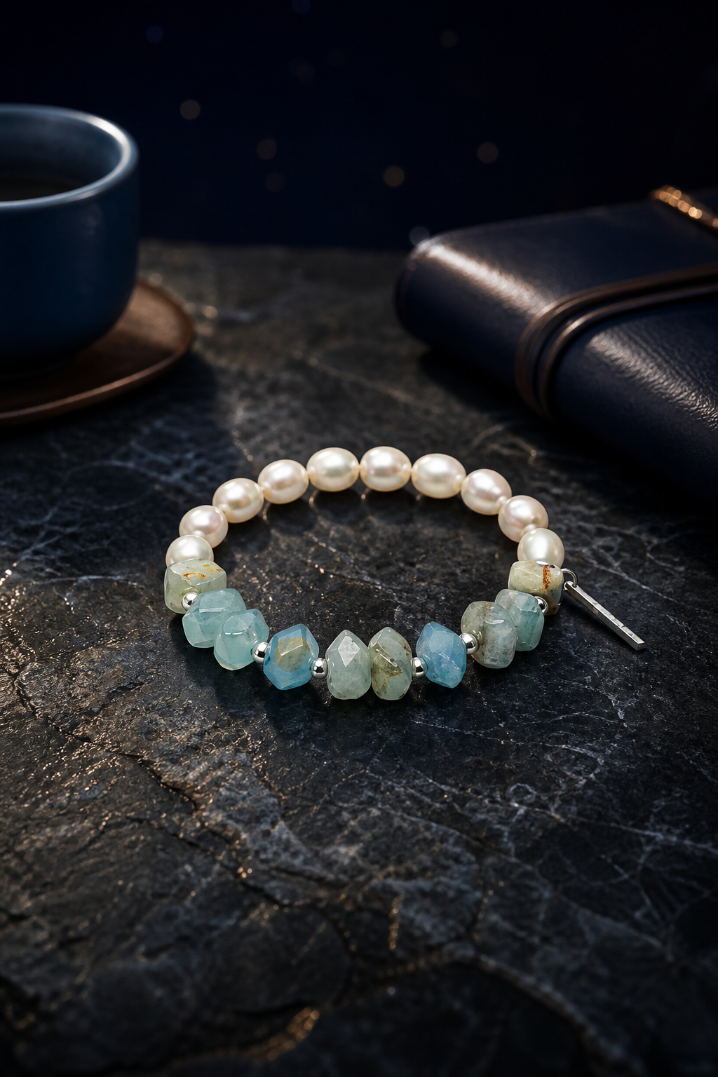 Moonglow Blue Pearl Bracelet styled for daily wear, travel, work desk ritual use
