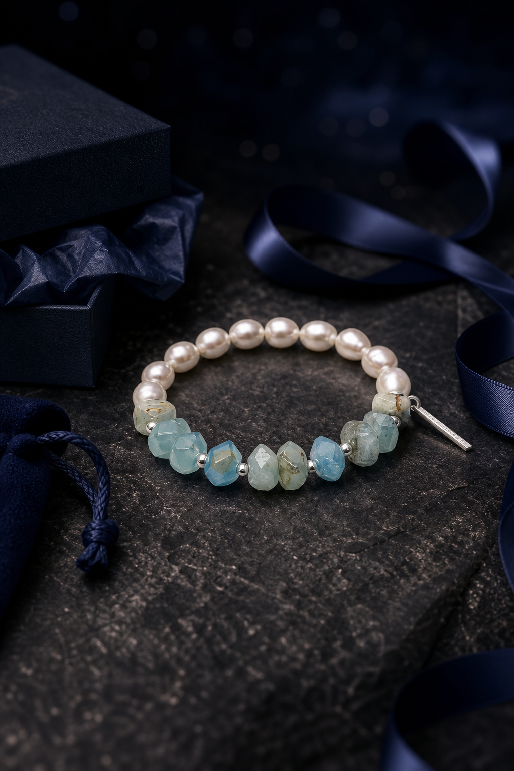 Moonglow Blue Pearl Bracelet packaging flat lay