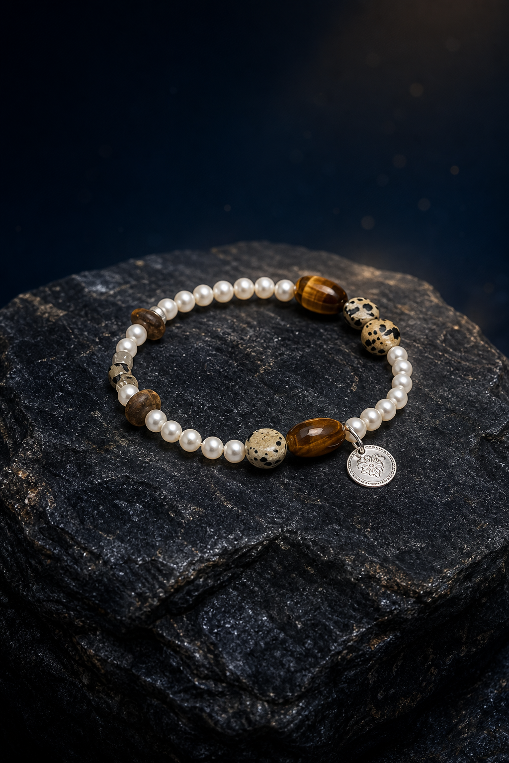Moonmark Tiger's Eye Pearl Bracelet front view on a dark atmospheric backdrop