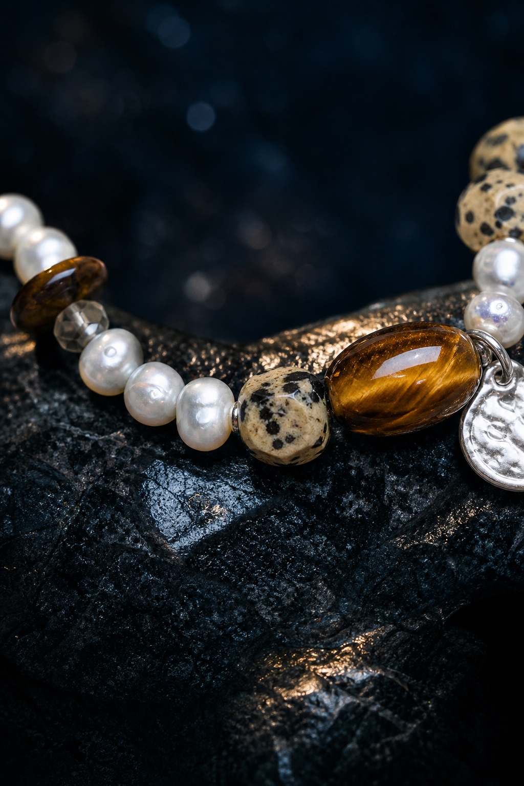 Moonmark Tiger's Eye Pearl Bracelet crystal texture close-up