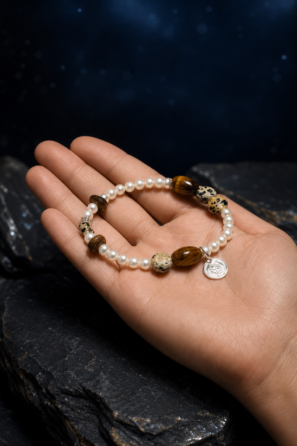 Moonmark Tiger's Eye Pearl Bracelet shown in hand for scale