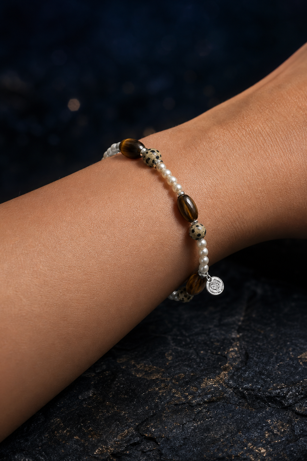 Moonmark Tiger's Eye Pearl Bracelet faceless model close-up