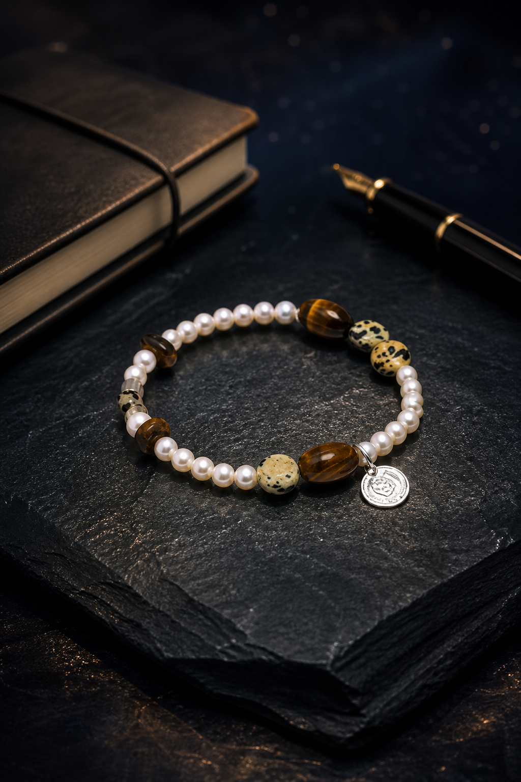 Moonmark Tiger's Eye Pearl Bracelet styled for daily wear, travel, work desk ritual use